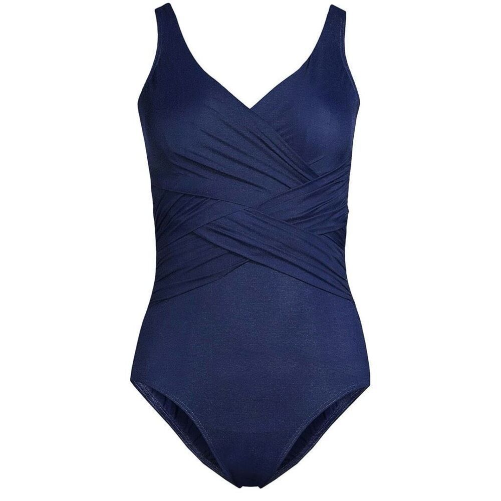 Lands End Womens Slender Suit Wrap One Piece Swimsuit Deep Sea Navy Size 18w